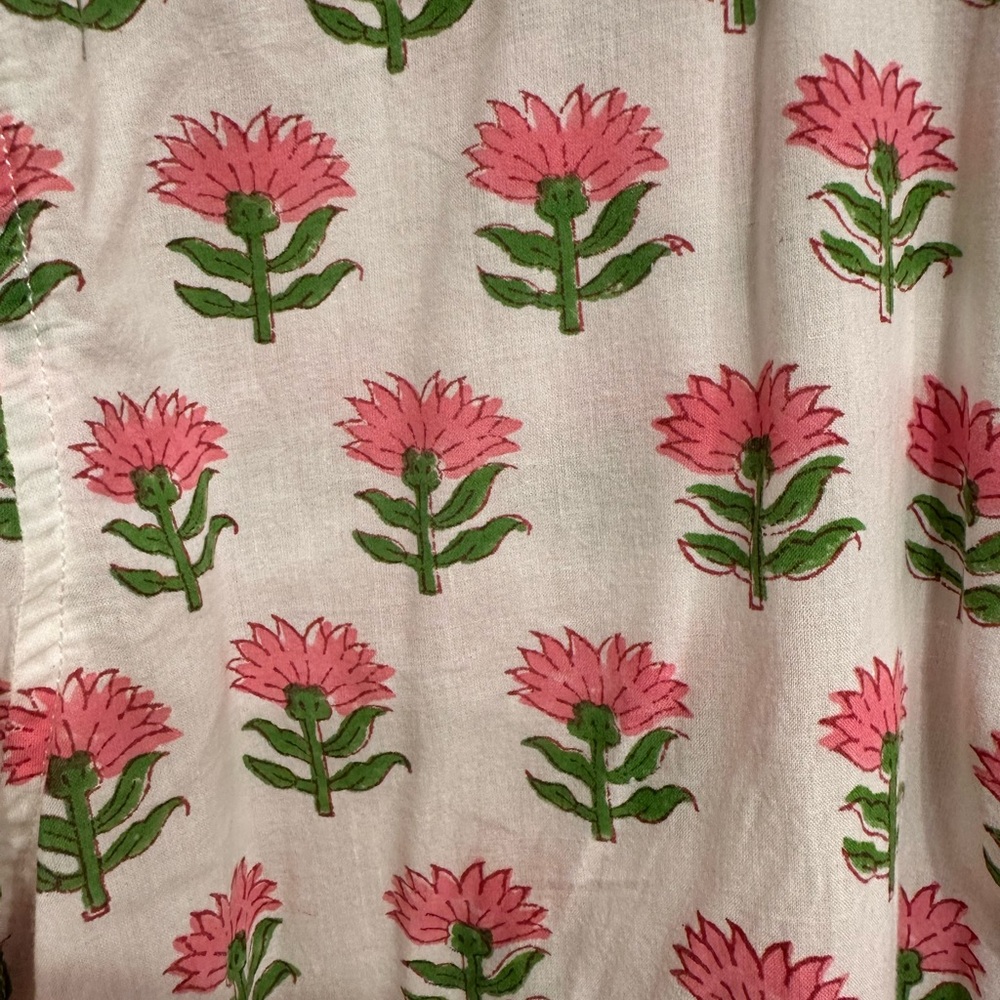 hand block pink and green lotus button front shirt